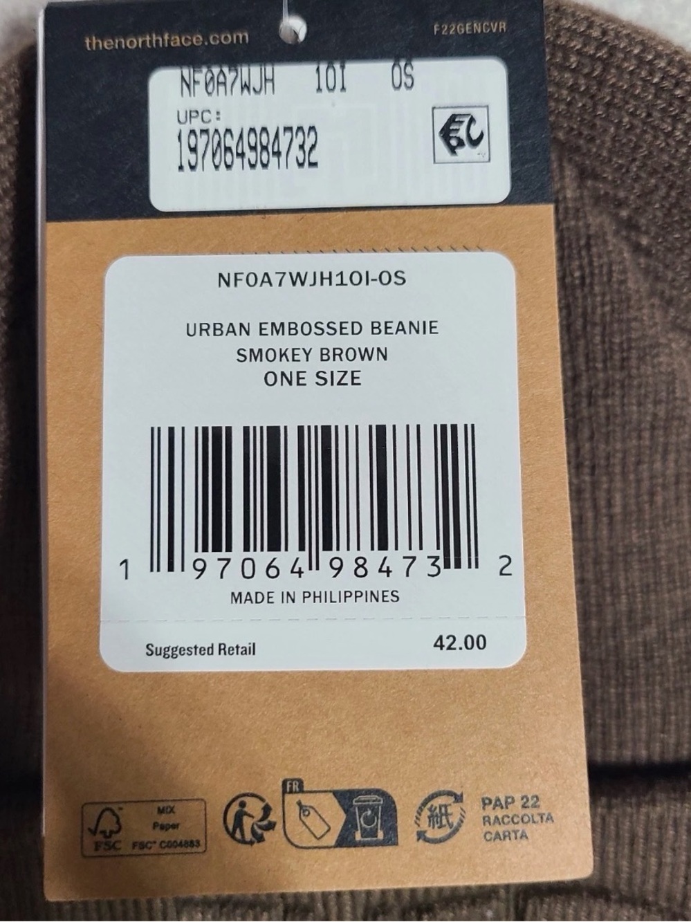The North Face Urban Embossed Cuffed Beanie Smokey Brown toboggan New With Tags - Picture 2 of 2